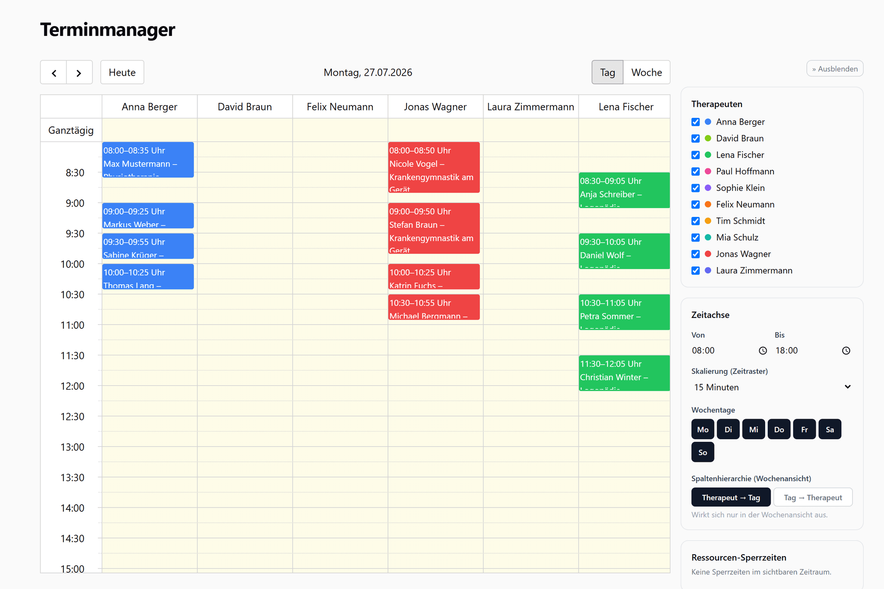 praxenguru Terminkalender: Ressourcenansicht mit mehreren Therapeuten und farbig codierten Terminen